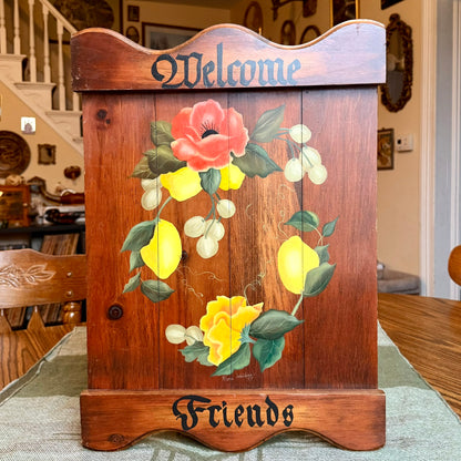 Vintage Hand Painted Folk Art Floral and Lemons Solid Wood Welcome Sign