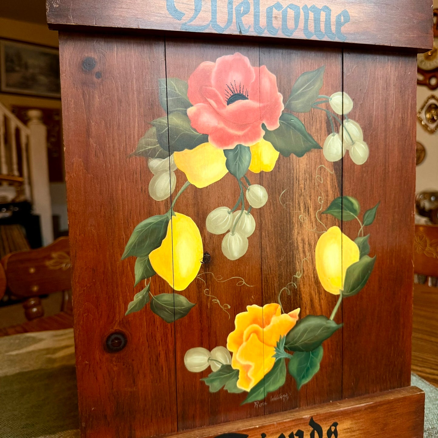 Vintage Hand Painted Folk Art Floral and Lemons Solid Wood Welcome Sign