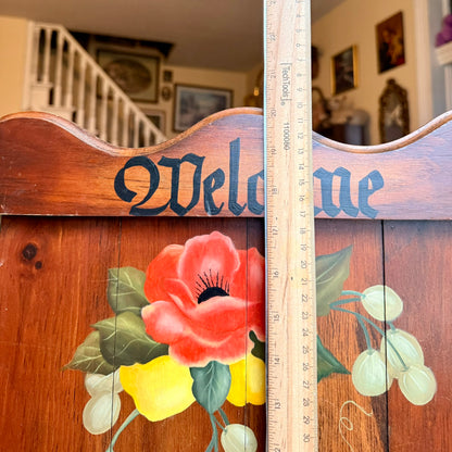 Vintage Hand Painted Folk Art Floral and Lemons Solid Wood Welcome Sign