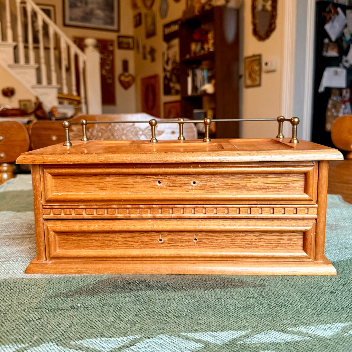 Vintage Solid Wood and Brass Valet Stand Jewelry Box / Men's Storage Catch All