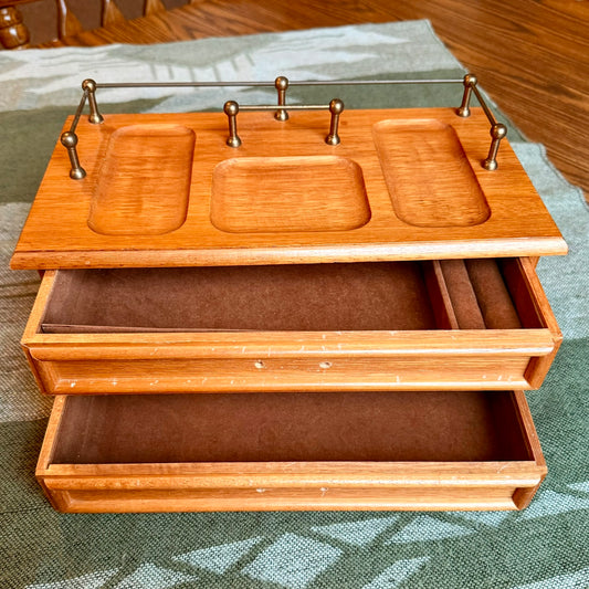 Vintage Solid Wood and Brass Valet Stand Jewelry Box / Men's Storage Catch All