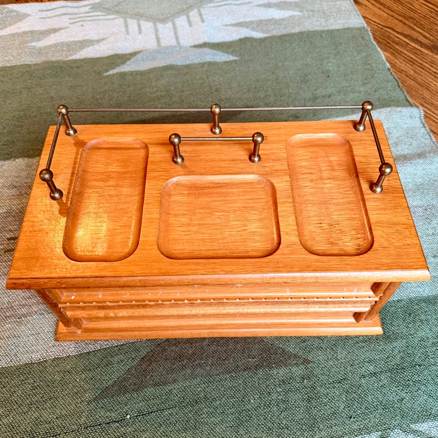 Vintage Solid Wood and Brass Valet Stand Jewelry Box / Men's Storage Catch All