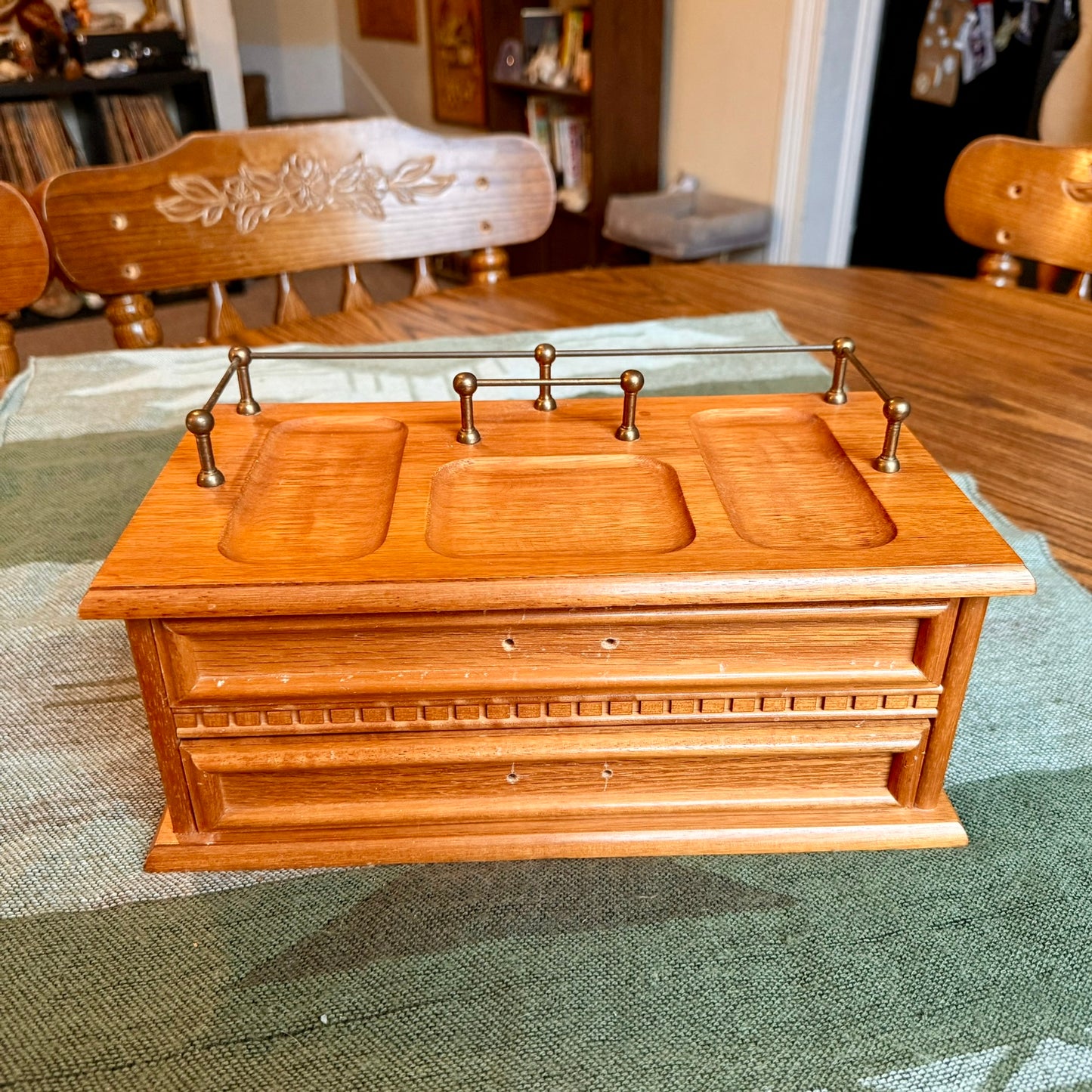 Vintage Solid Wood and Brass Valet Stand Jewelry Box / Men's Storage Catch All