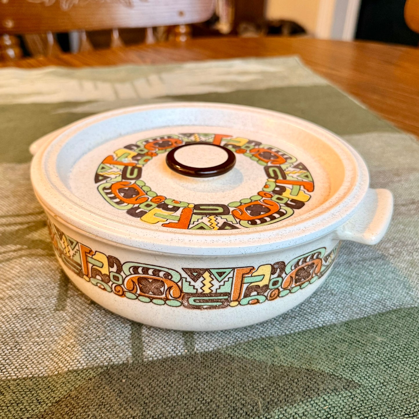 Vintage Flame Chef Stoneware Casserole Dish with Southwestern Tribal Embellishments