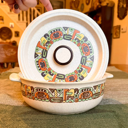 Vintage Flame Chef Stoneware Casserole Dish with Southwestern Tribal Embellishments