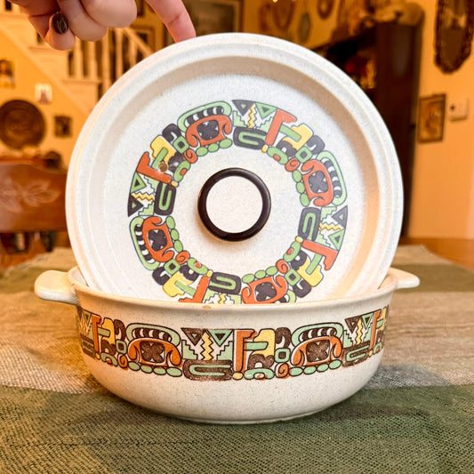 Vintage Flame Chef Stoneware Casserole Dish with Southwestern Tribal Embellishments