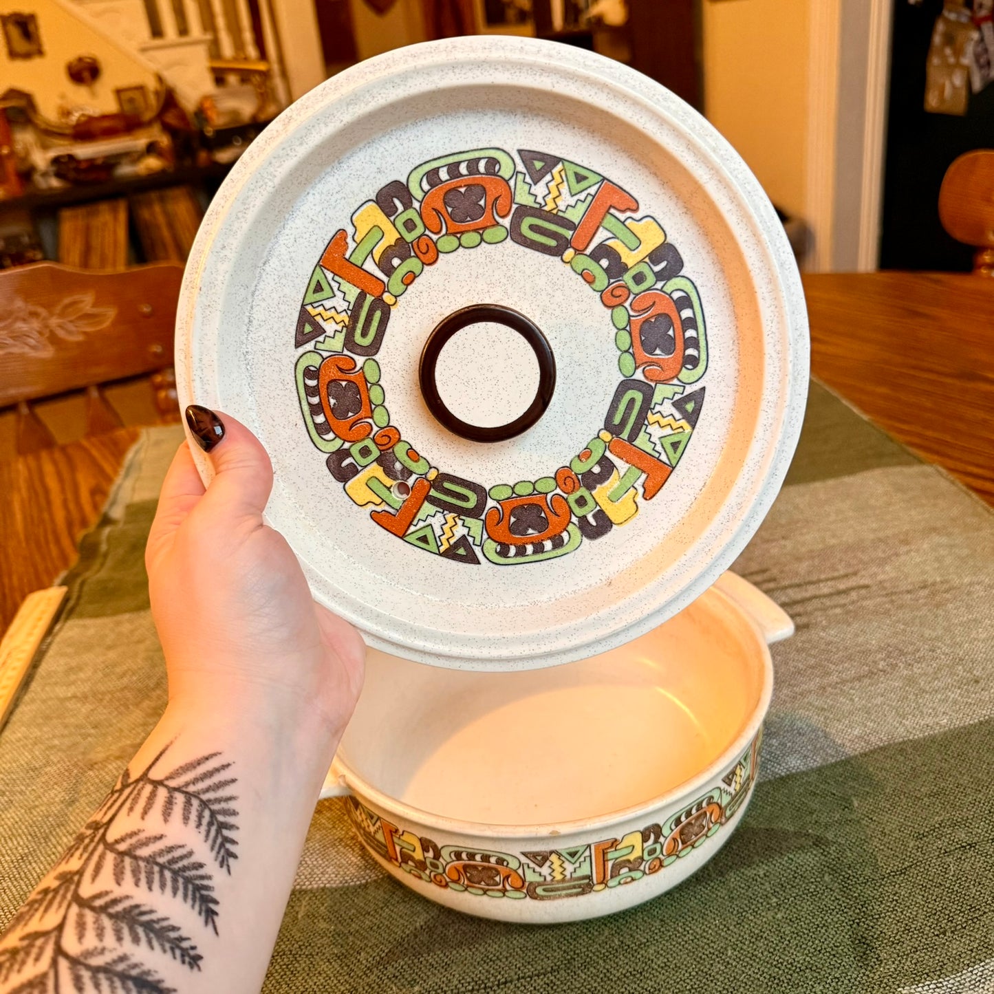 Vintage Flame Chef Stoneware Casserole Dish with Southwestern Tribal Embellishments