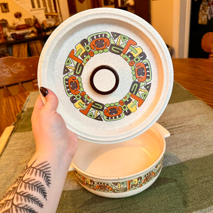 Vintage Flame Chef Stoneware Casserole Dish with Southwestern Tribal Embellishments