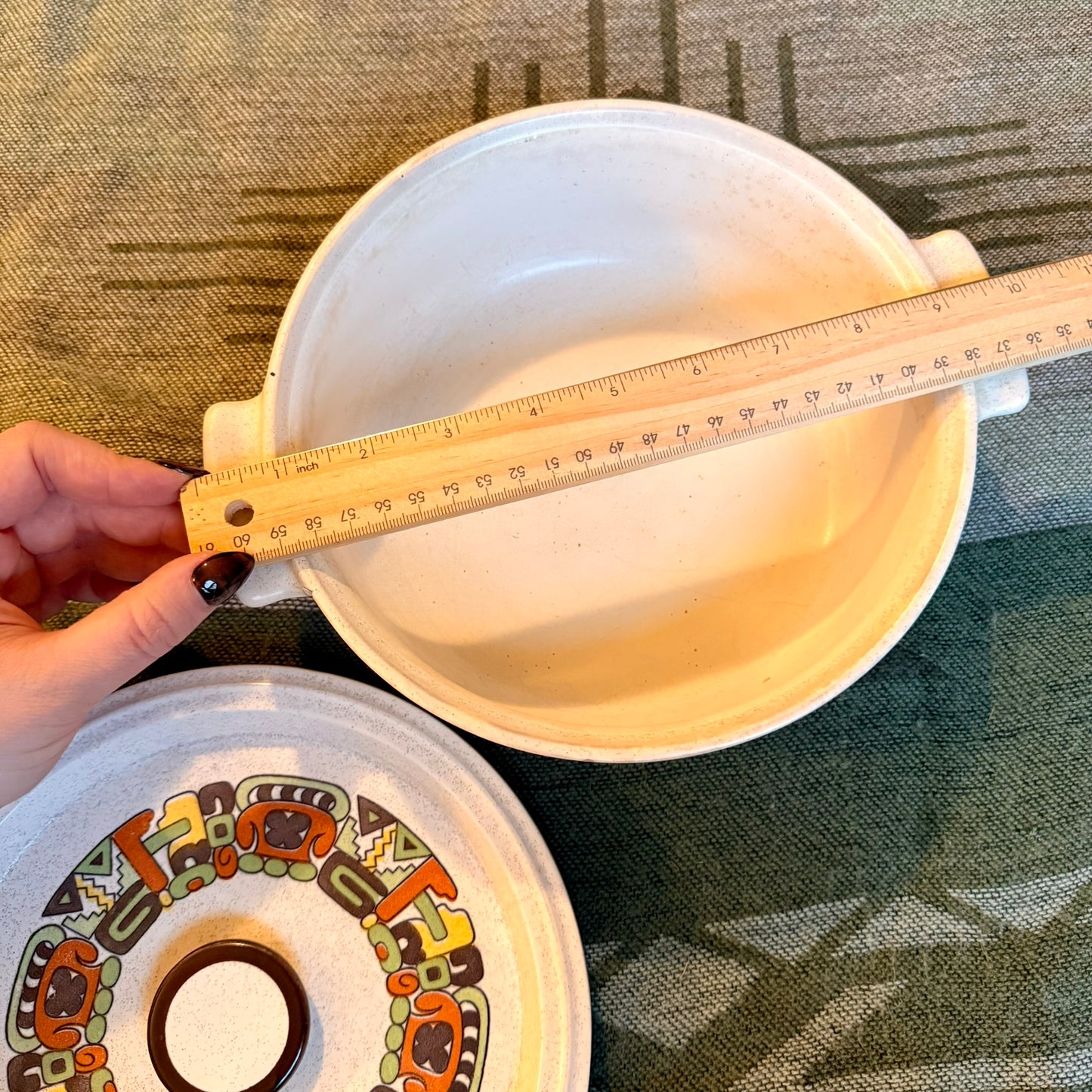 Vintage Flame Chef Stoneware Casserole Dish with Southwestern Tribal Embellishments