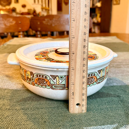Vintage Flame Chef Stoneware Casserole Dish with Southwestern Tribal Embellishments