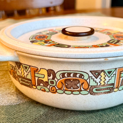 Vintage Flame Chef Stoneware Casserole Dish with Southwestern Tribal Embellishments