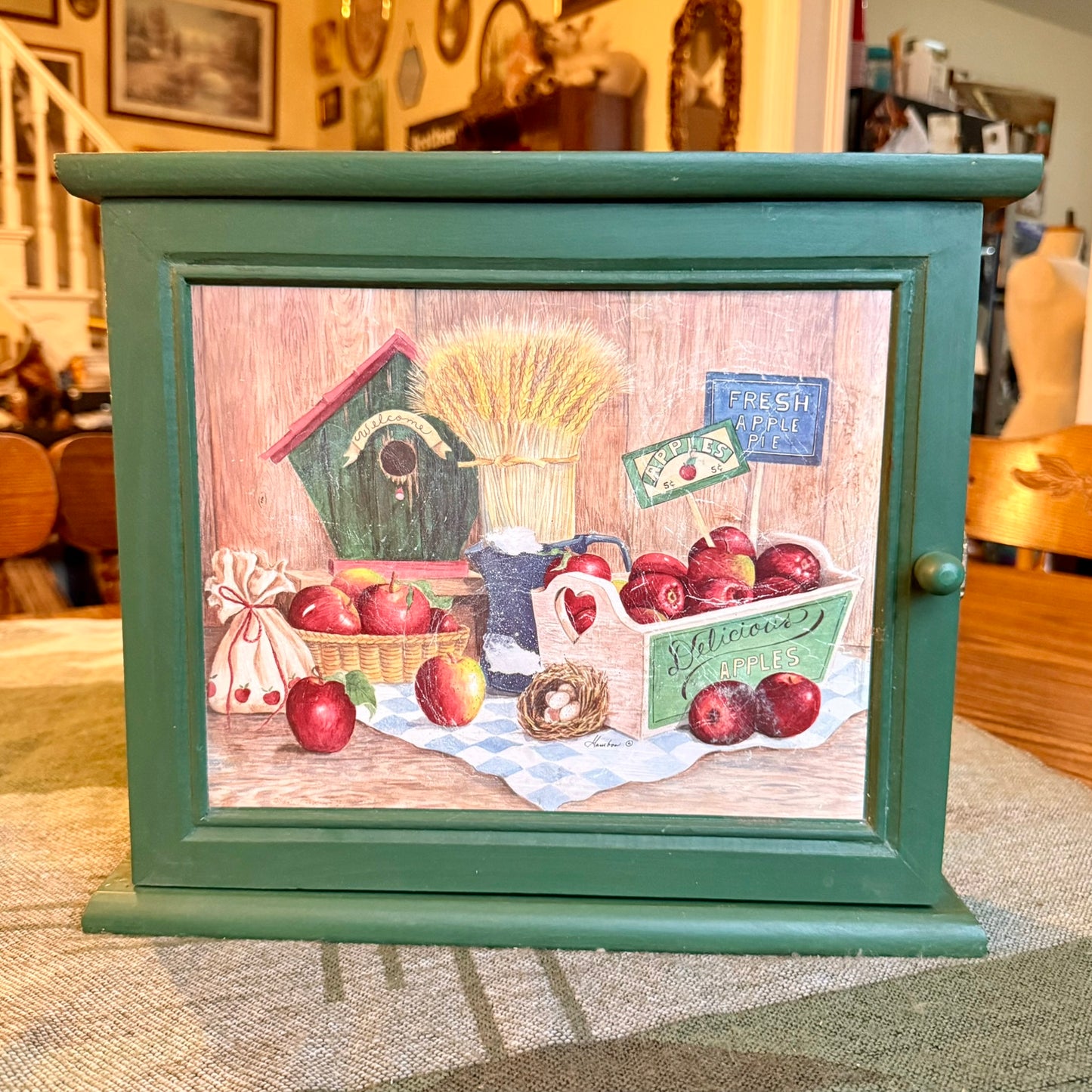 Vintage Farmhouse Primitive Cabinet with Printed Apple Painting Door