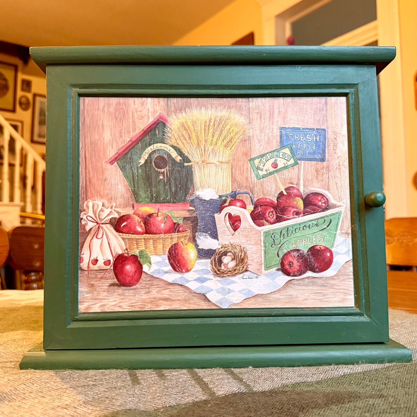 Vintage Farmhouse Primitive Cabinet with Printed Apple Painting Door
