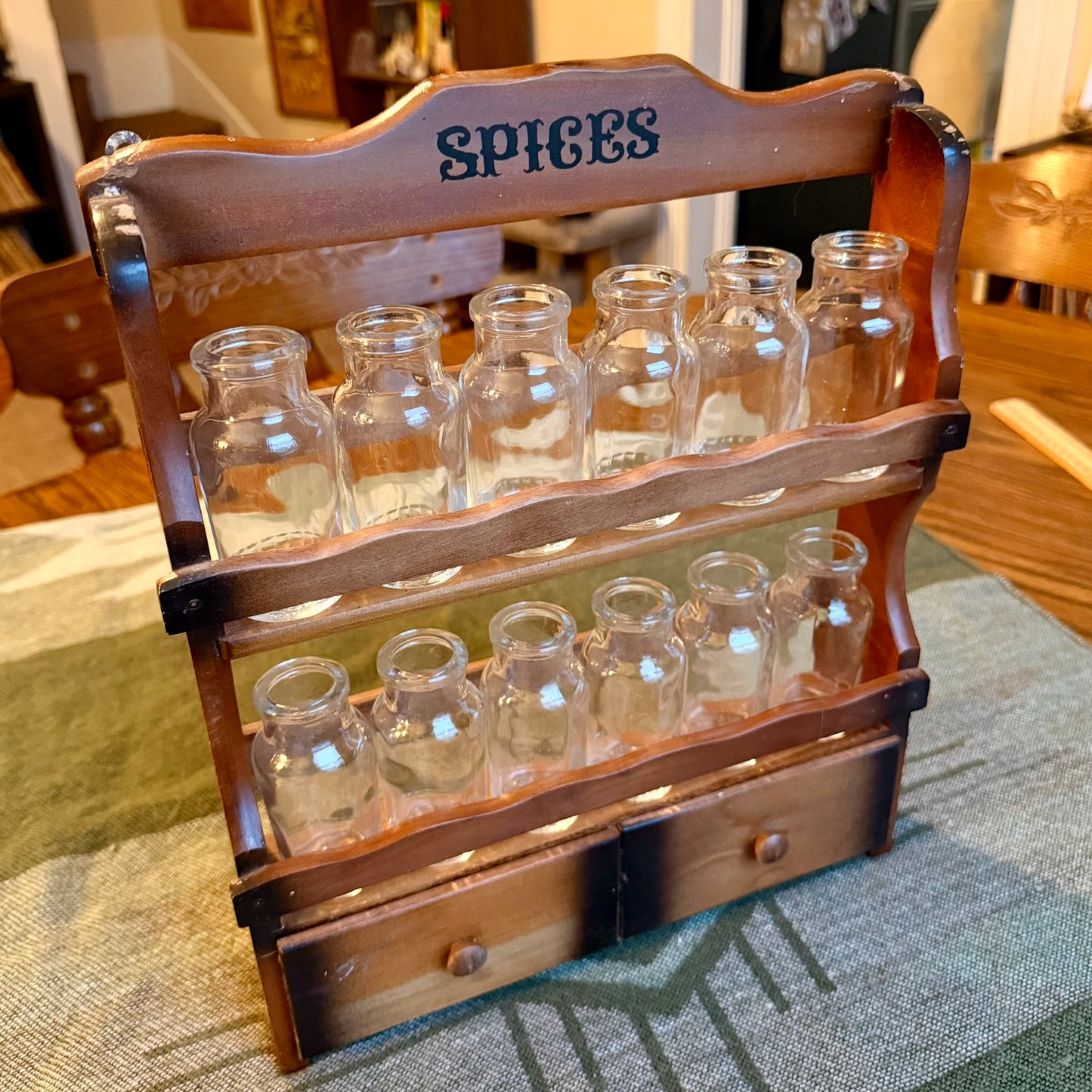 Vintage Solid Wood Farmhouse Primitive Apothecary Style Spice Rack with 12 Jars