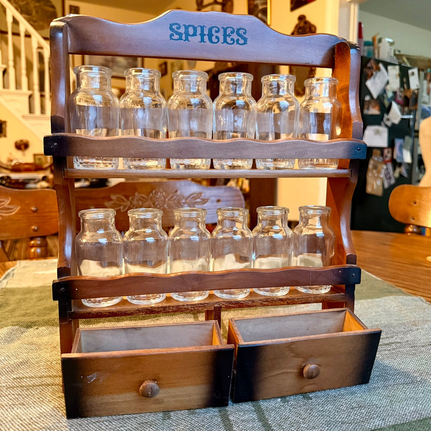 Vintage Solid Wood Farmhouse Primitive Apothecary Style Spice Rack with 12 Jars