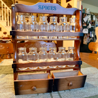 Vintage Solid Wood Farmhouse Primitive Apothecary Style Spice Rack with 12 Jars