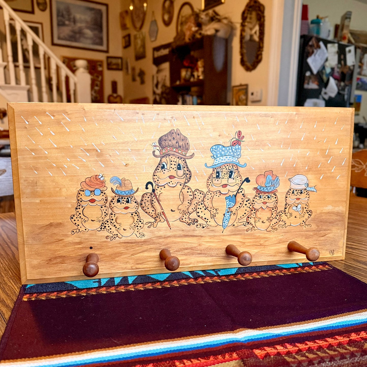 Vintage 1980s Hand Painted Wooden Appalachian Folk Art Frog / Toad Themed Coat Rack