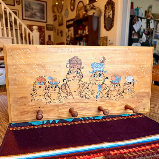 Vintage 1980s Hand Painted Wooden Appalachian Folk Art Frog / Toad Themed Coat Rack