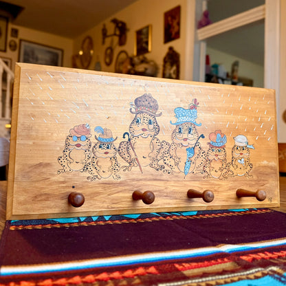 Vintage 1980s Hand Painted Wooden Appalachian Folk Art Frog / Toad Themed Coat Rack