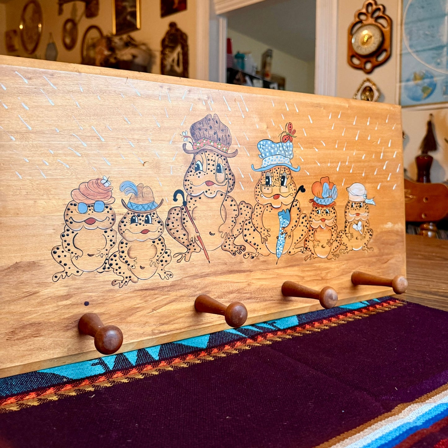 Vintage 1980s Hand Painted Wooden Appalachian Folk Art Frog / Toad Themed Coat Rack