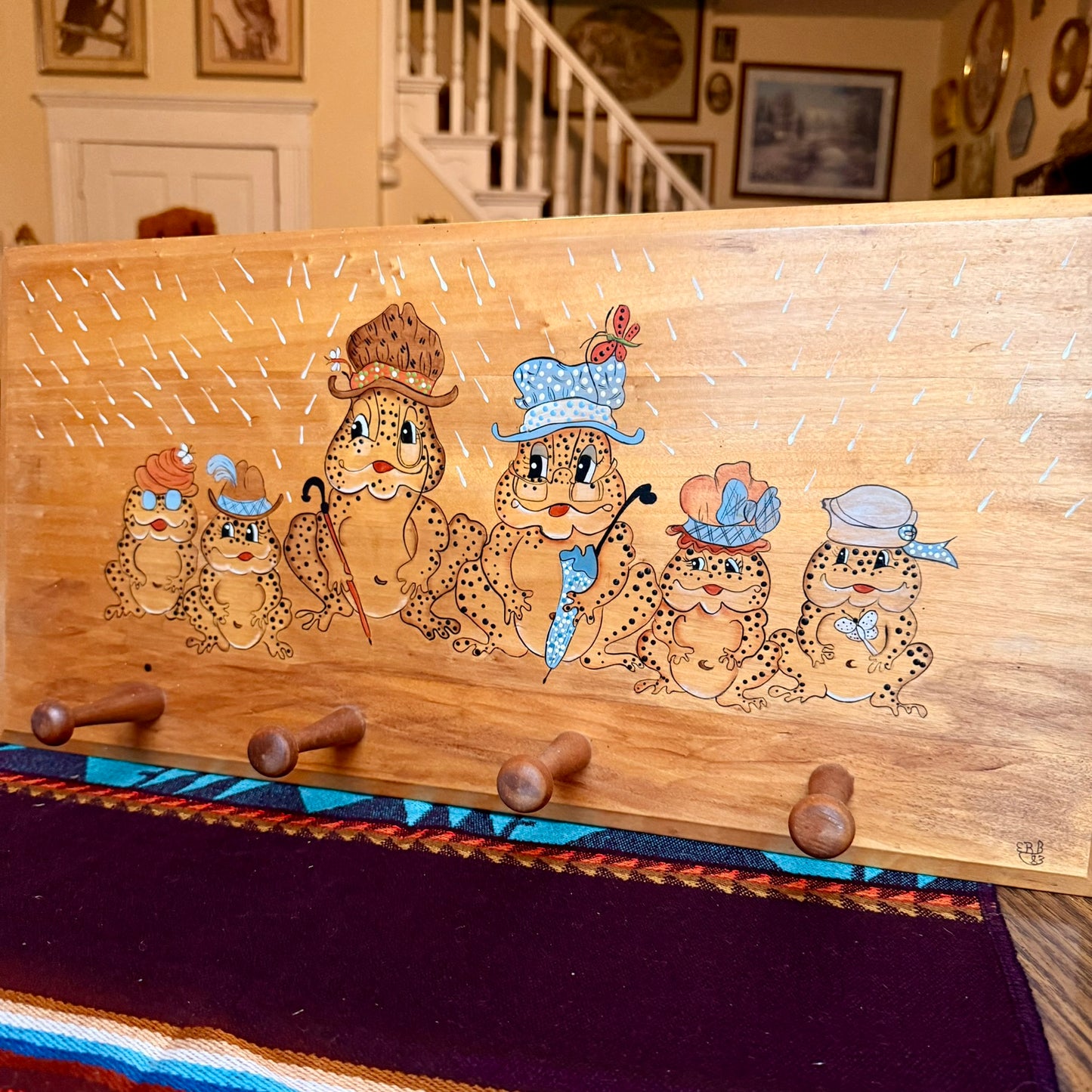 Vintage 1980s Hand Painted Wooden Appalachian Folk Art Frog / Toad Themed Coat Rack