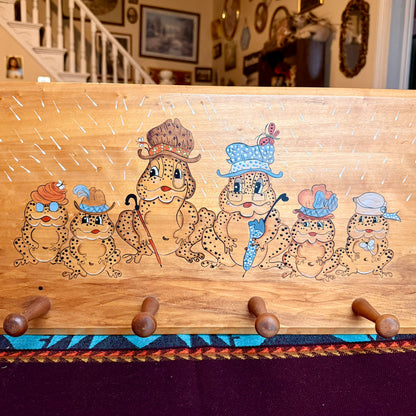 Vintage 1980s Hand Painted Wooden Appalachian Folk Art Frog / Toad Themed Coat Rack