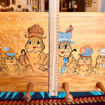 Vintage 1980s Hand Painted Wooden Appalachian Folk Art Frog / Toad Themed Coat Rack