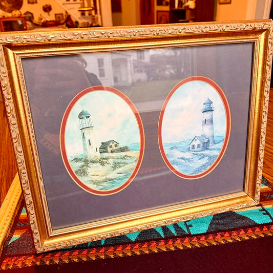Vintage Coastal Lighthouse Themed Double Oval Painting Framed in Ornate Golden Frame