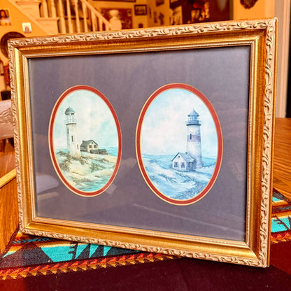 Vintage Coastal Lighthouse Themed Double Oval Painting Framed in Ornate Golden Frame