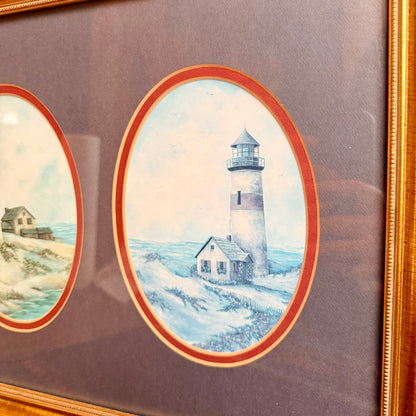 Vintage Coastal Lighthouse Themed Double Oval Painting Framed in Ornate Golden Frame