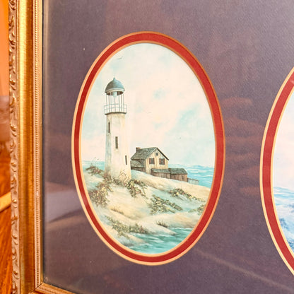 Vintage Coastal Lighthouse Themed Double Oval Painting Framed in Ornate Golden Frame