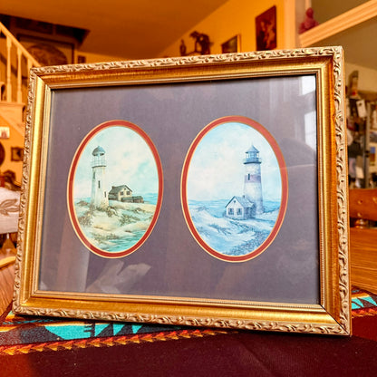 Vintage Coastal Lighthouse Themed Double Oval Painting Framed in Ornate Golden Frame