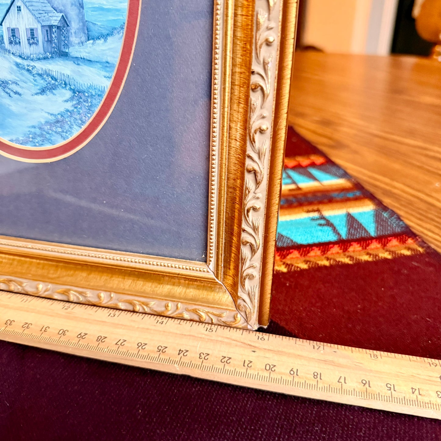 Vintage Coastal Lighthouse Themed Double Oval Painting Framed in Ornate Golden Frame