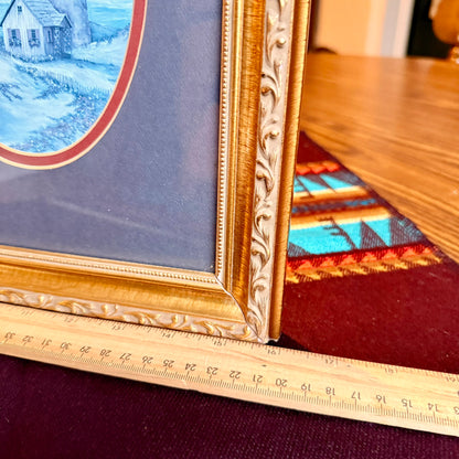 Vintage Coastal Lighthouse Themed Double Oval Painting Framed in Ornate Golden Frame