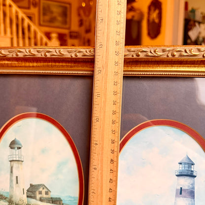 Vintage Coastal Lighthouse Themed Double Oval Painting Framed in Ornate Golden Frame