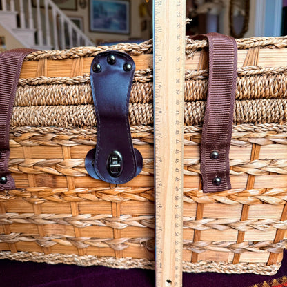 Vintage Wicker Rattan Insulated Picnic Basket with Dish Straps