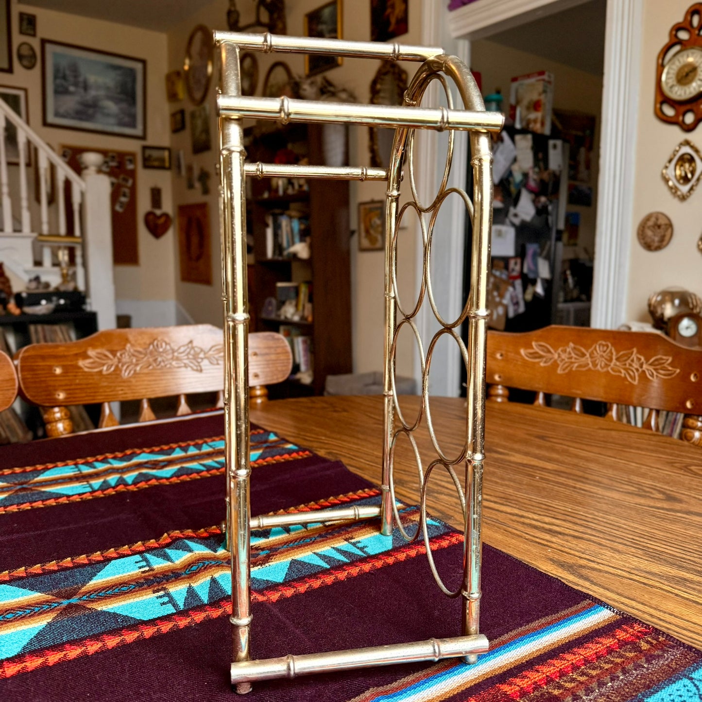 Vintage Hollywood Regency Brass Bamboo Style 7 Bottle Wine Rack