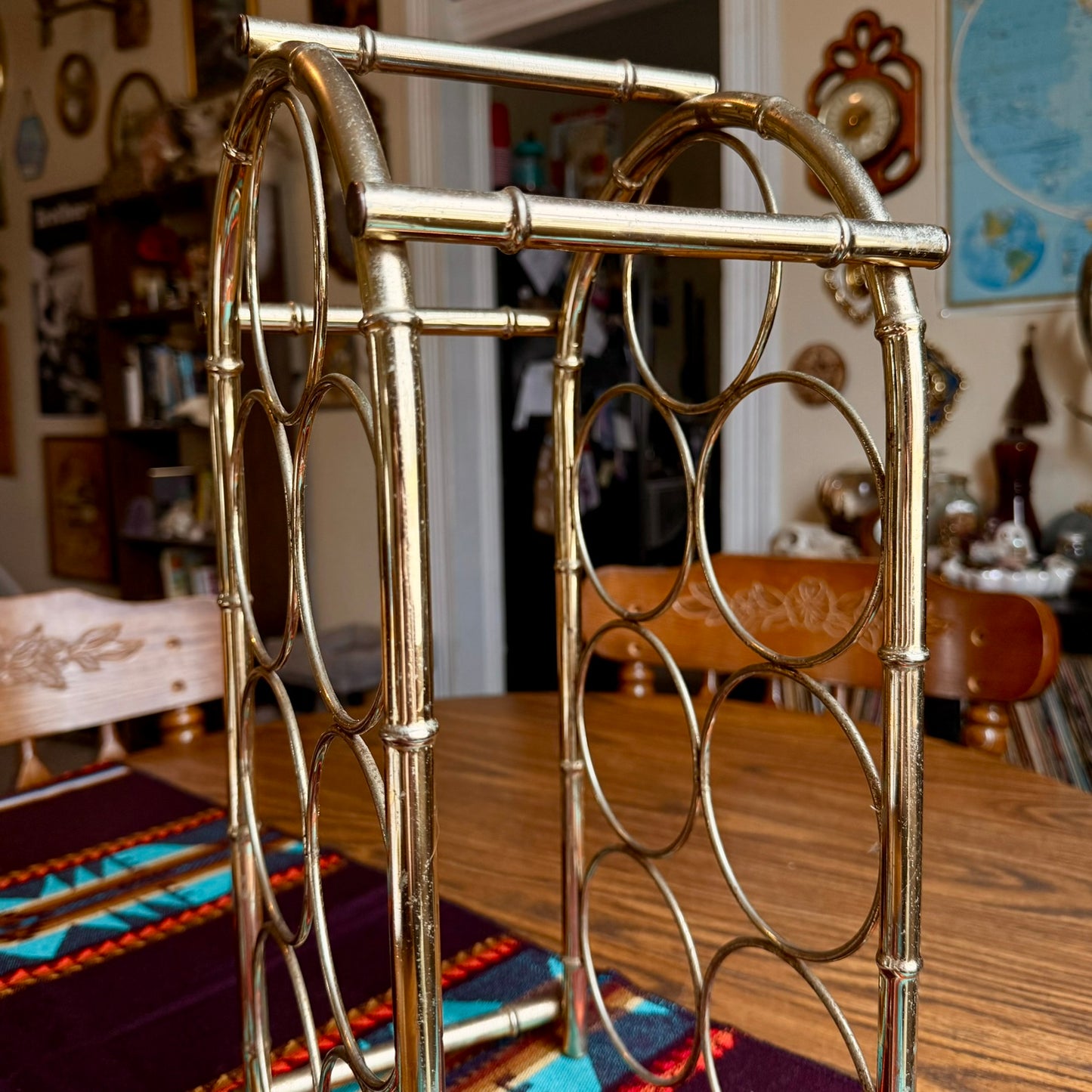 Vintage Hollywood Regency Brass Bamboo Style 7 Bottle Wine Rack