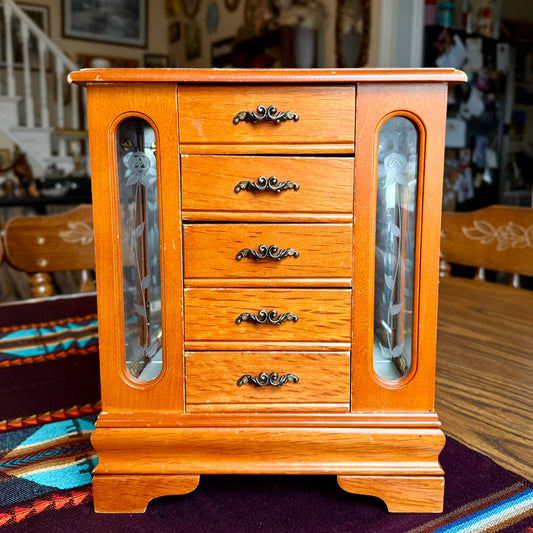 Large Vintage Solid Wood Etched Glass Armoire Style Jewelry Box