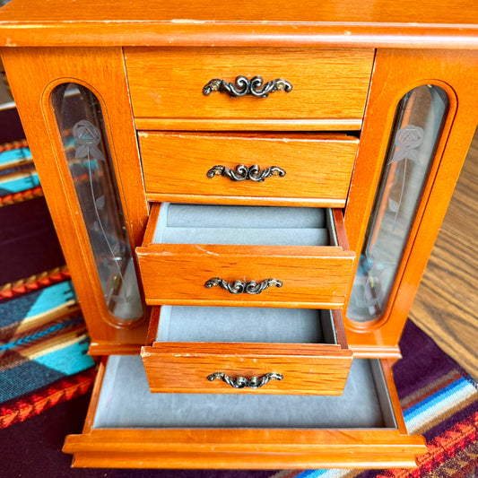 Large Vintage Solid Wood Etched Glass Armoire Style Jewelry Box