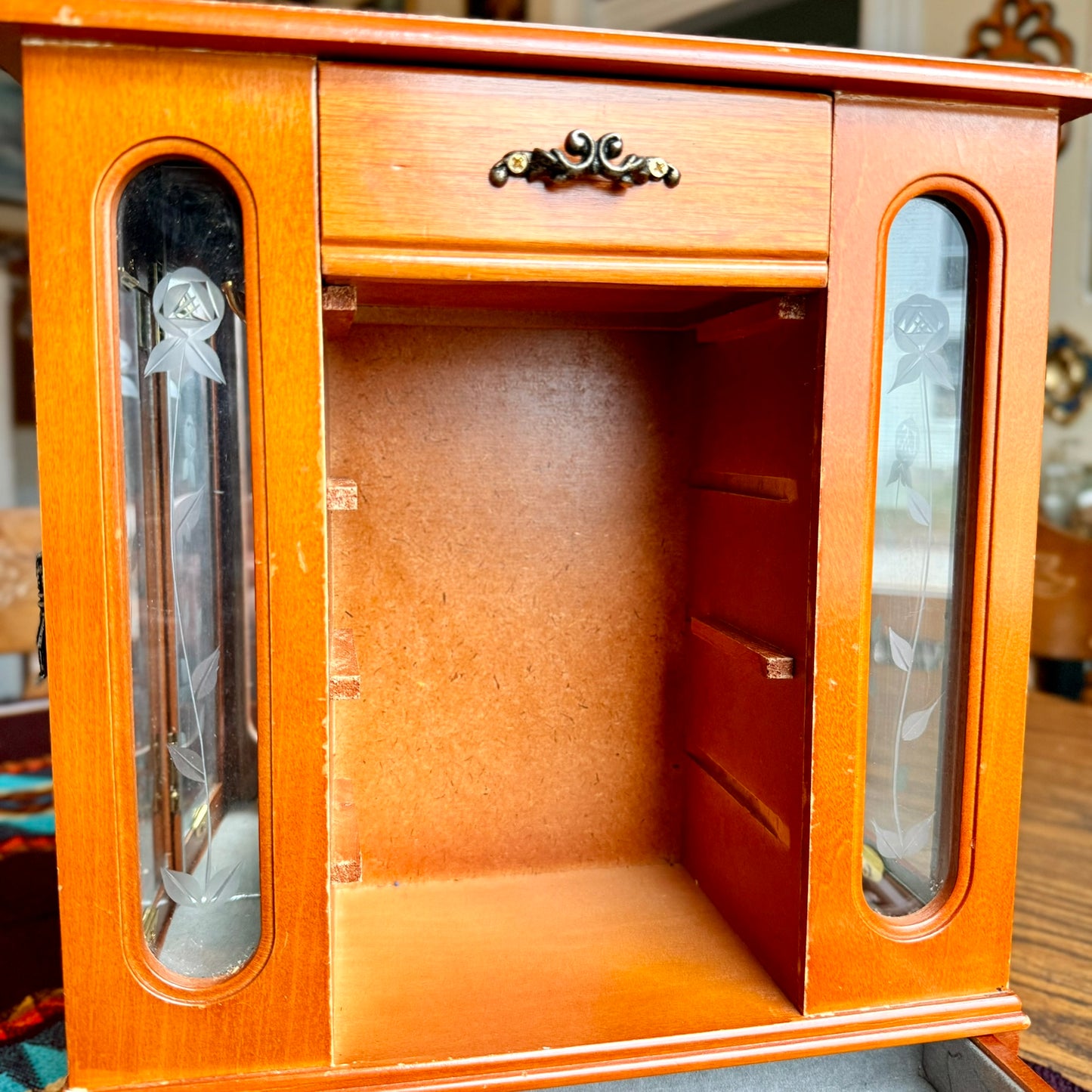 Large Vintage Solid Wood Etched Glass Armoire Style Jewelry Box