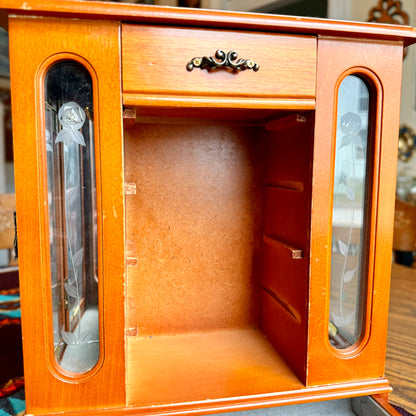 Large Vintage Solid Wood Etched Glass Armoire Style Jewelry Box