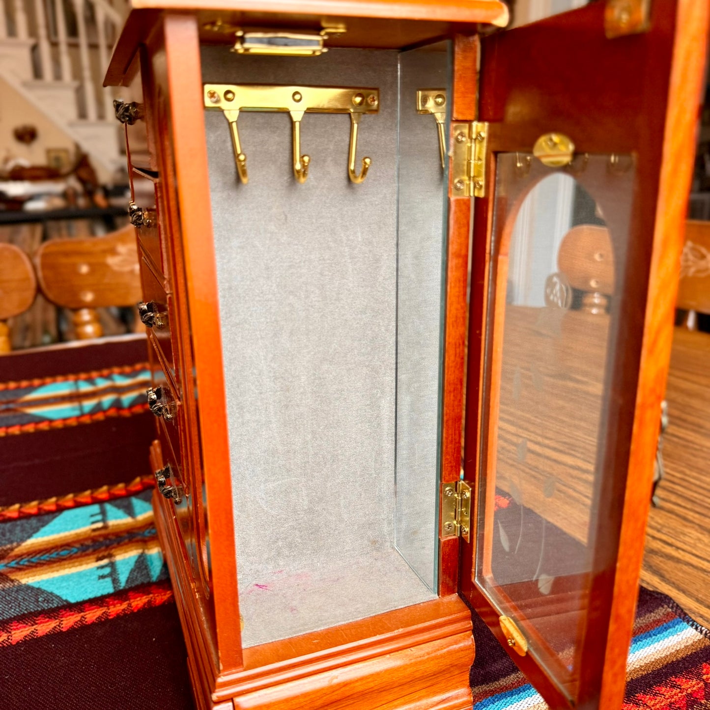 Large Vintage Solid Wood Etched Glass Armoire Style Jewelry Box