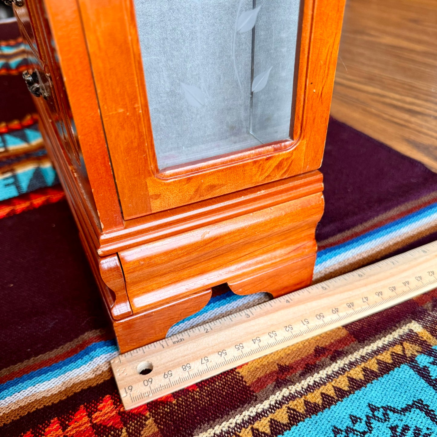 Large Vintage Solid Wood Etched Glass Armoire Style Jewelry Box
