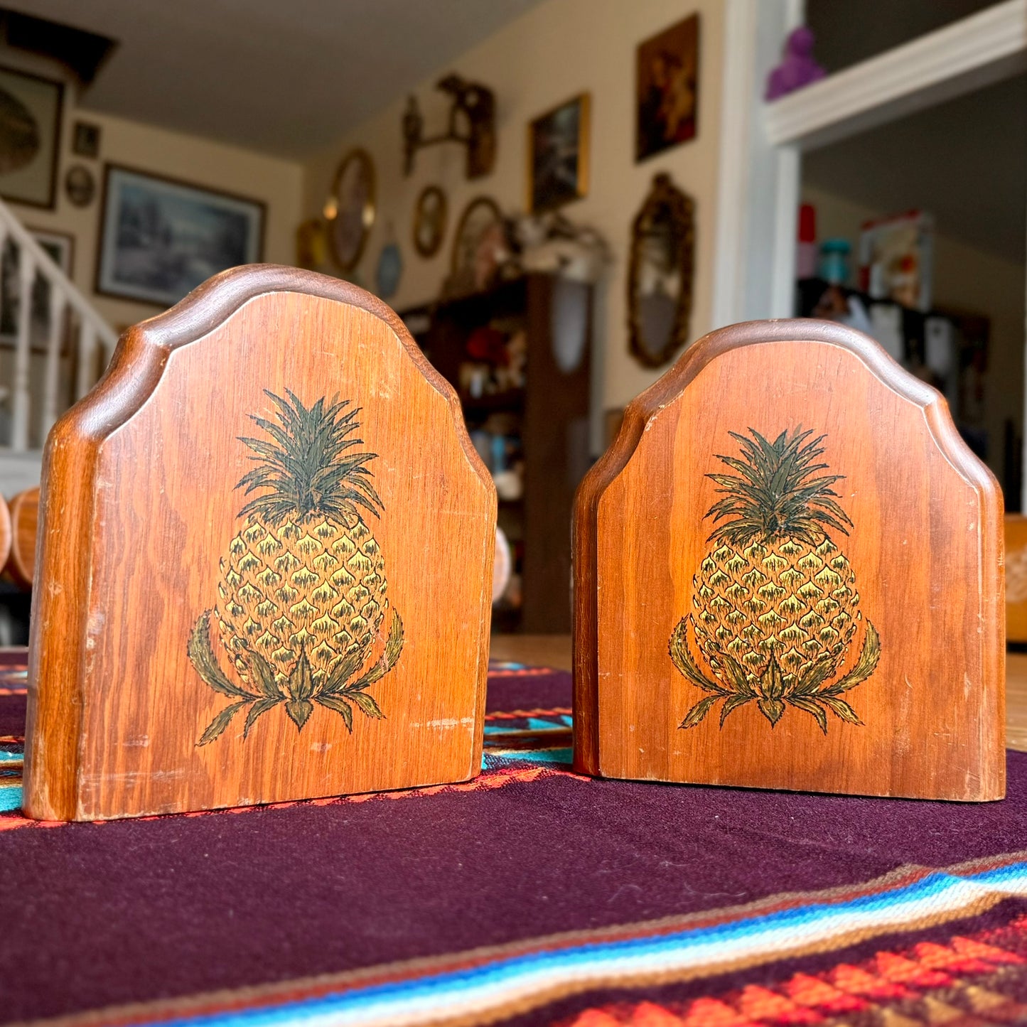 Set of 2 Vintage Solid Wood Pineapple Themed Bookends