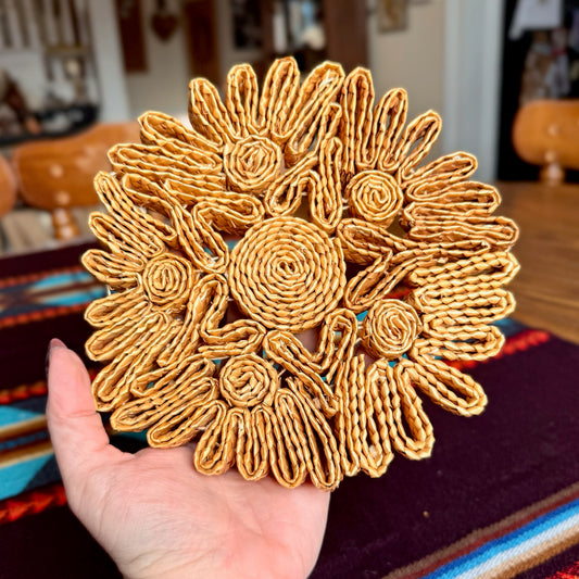 Vintage Floral Woven Raffia Trivet / Place Mat / Wall Hanging