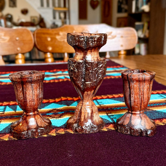 Set of 3 Vintage Hand-Carved Chrysanthemum Live Edge Wooden Candle Holders