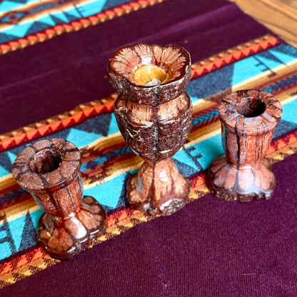 Set of 3 Vintage Hand-Carved Chrysanthemum Live Edge Wooden Candle Holders