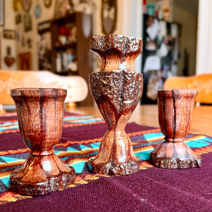 Set of 3 Vintage Hand-Carved Chrysanthemum Live Edge Wooden Candle Holders