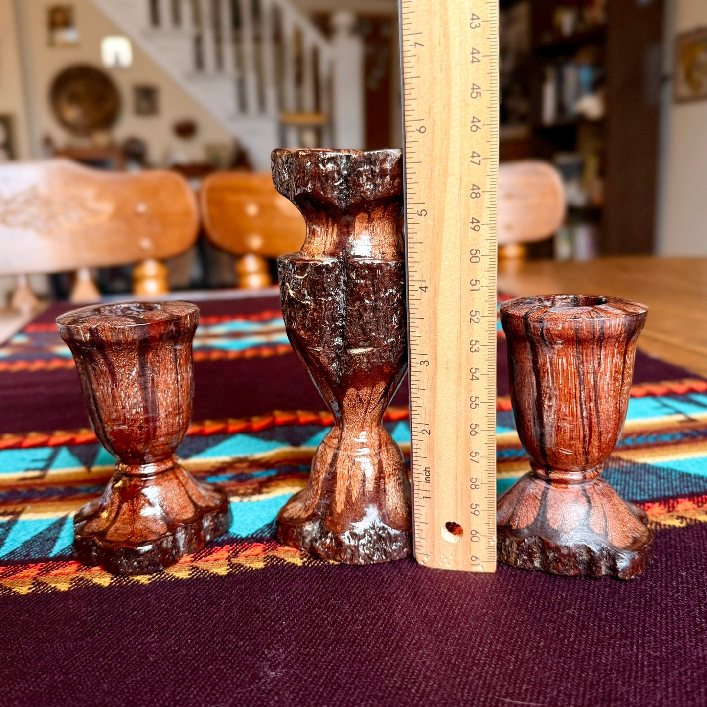 Set of 3 Vintage Hand-Carved Chrysanthemum Live Edge Wooden Candle Holders